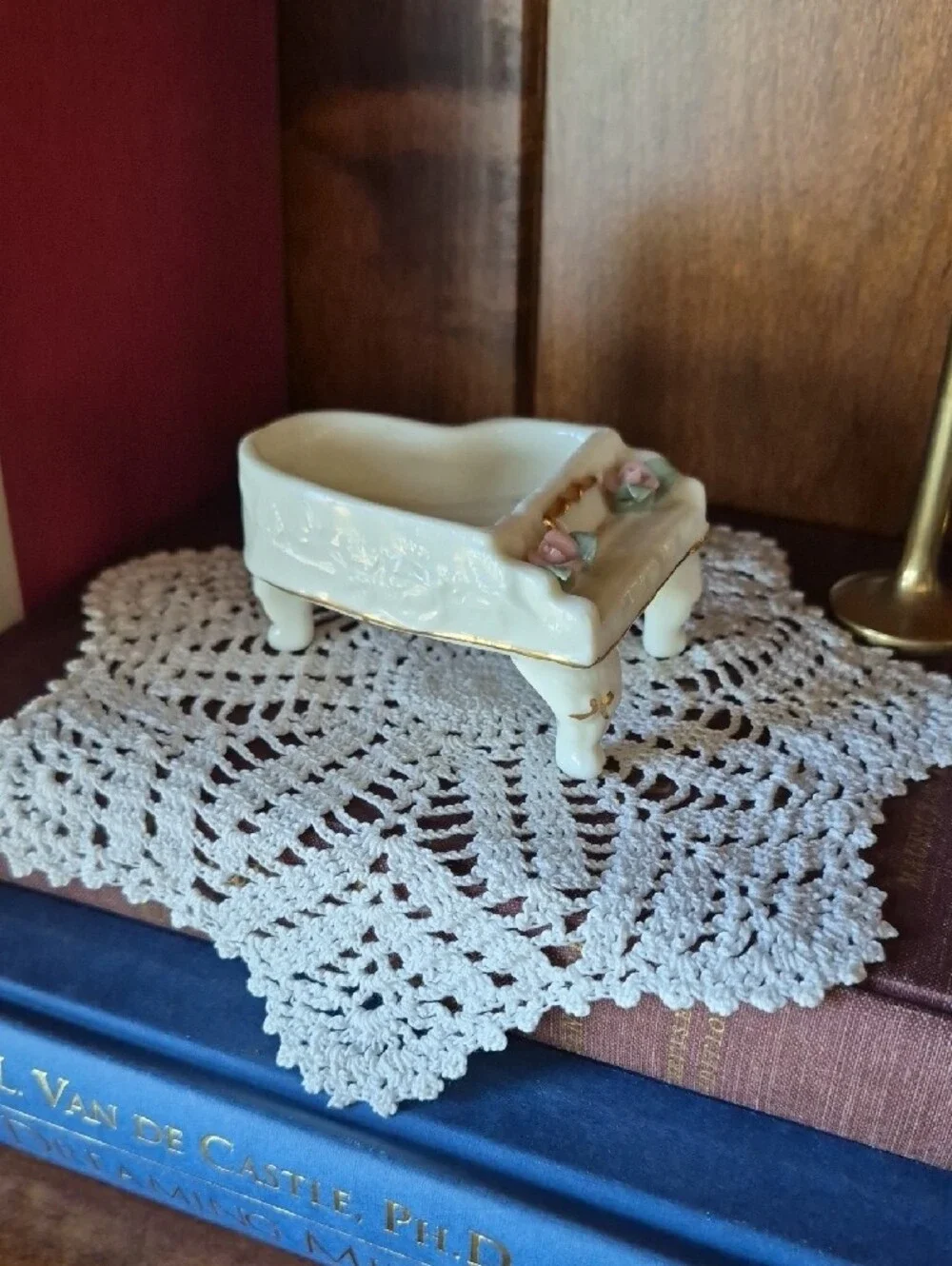 Porcelain Cream Miniature Piano Trinket Dish with Pink Rose Accents
